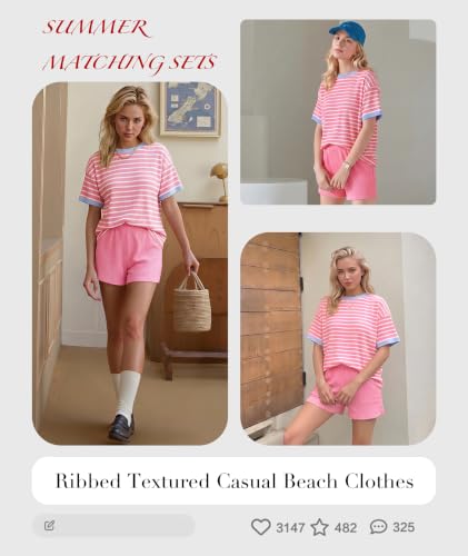 Image of MARZXIN Women 2 Piece Shorts Set 2026 Casual Summer Cruise Outfits Ribbed Loose Short Sleeve Pocket Matching Lounge Sets