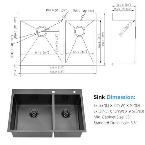 33x22 Black Stainless Steel Drop In Double Bowl Sink, 16 Gauge Black Stainless Steel Sink, Gabhar 33 Inch 60/40 Double Bowl Drop In Kitchen Sink