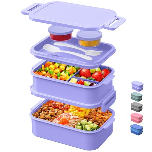 Image of DaCool Lunch Box Adults Bento Box - 74 OZ All-in-One Stackable Lunch Box Containers for Adult Large Bento Box with Fork Spoon Sauce Boxes, Leakproof Lunchbox for Work School Dining Out,Macaron-Color