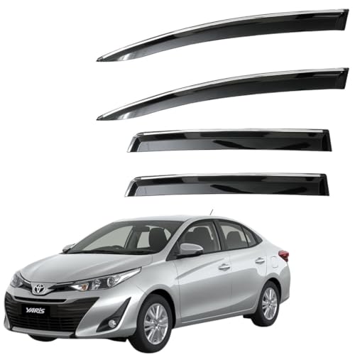 Image of CAR SAAZ Unbreakable Chrome Smoke Door Visor for Yaris (2018-2021) | Premium Sun, Rain Wind Deflector Chrome Strip Side Door Rain Visor - Set of 4 Pcs