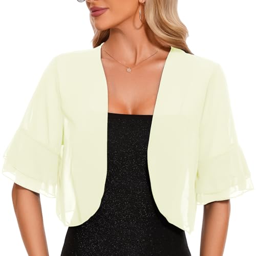 Atxnn Bolero Mujer de Gasa Chaqueta Verano Toreras de Media Manga con Volantes Cardigan Corto Ligero para Fiesta Vestidos, Apricot S