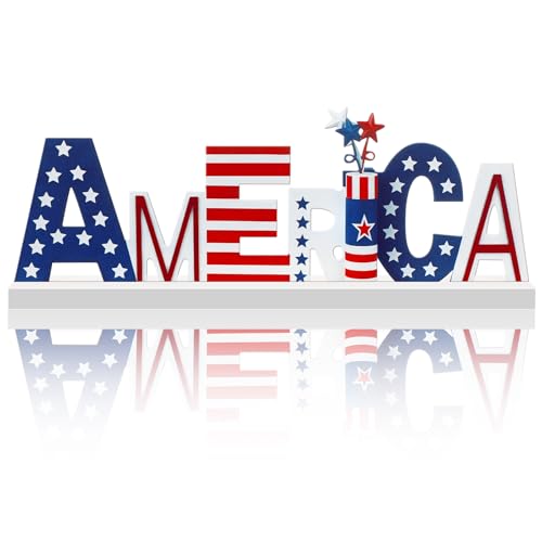 MiniInflat 250th Anniversary America Table Decor 4th of July Patriotic Metal Sign Red White Blue Centerpiece Decorations with USA Flags Wood Base for Veteran Home Office Mantel Tiered Tray Decor
