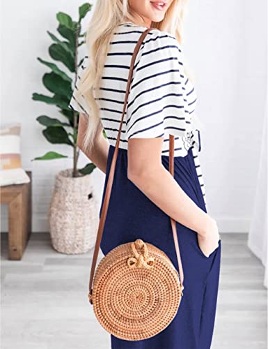 Merokeety Women's Summer Striped Ruffle Sleeves Tie Waist Crew Neck Casual Swing Midi Dress Navy #TOP4