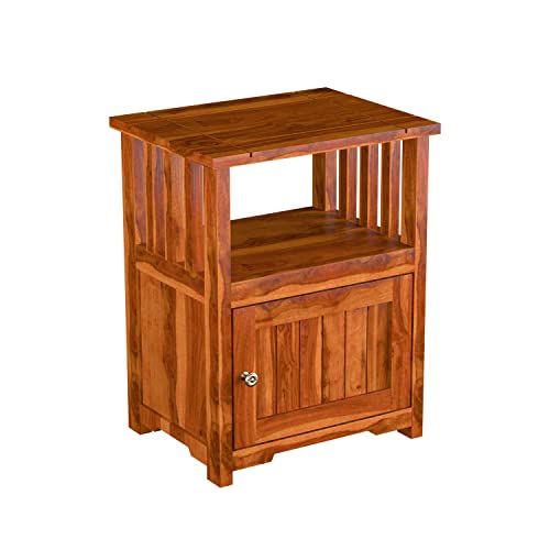 Image of Sheesham Wood Bedside End Table for Bedroom | Solid Wood Sofa Side Table Nightstand with 1 Door Cabinet & 1 Shelf Storage for Home & Living Room | Rosewood, Honey Natural