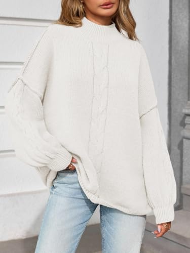 Saodimallsu Womens Oversized Cable Knit Sweater Chunky Mock Neck Long Lantern Sleeve Fall Trendy Tunic Sweaters Top4