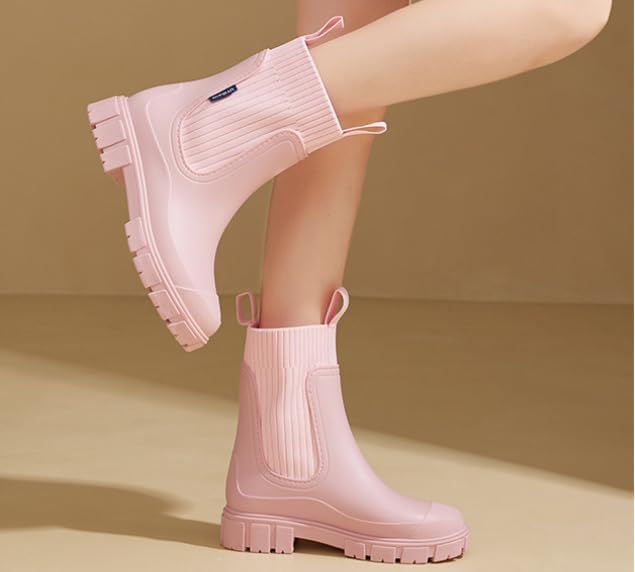 Waterproof Non-Slip Thick Sole Mid-Calf Boots, Ankle Rain Boots for Women, Outdoor Garden Rain Shoes Elastic Mouth Slip-On Soft Outsole Rain Boots