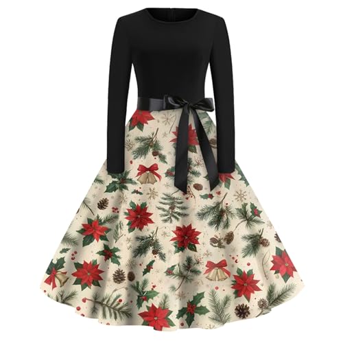 Damen Weihnachtskleid Langarm Frauen Weihnachten Kleider Röcke für Kleid Bodycon Weihnachtskostüme Maxikleid Beige S