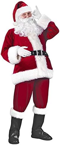 Christmas Santa Claus Costume with Beard Adult Men Deluxe Plush Santa Suit Outfit Set with Beard Flannel Complete One Size Wine Red 12pcs