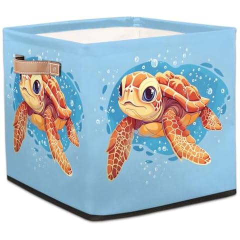 TropicalLife 13x13x13 Inch Large Fabric Storage Cubes Cute Sea Turtle Collapsible Cube Storage Bins Organizer Boxes Cube Baskets for Organizing Closet Shelves Cover