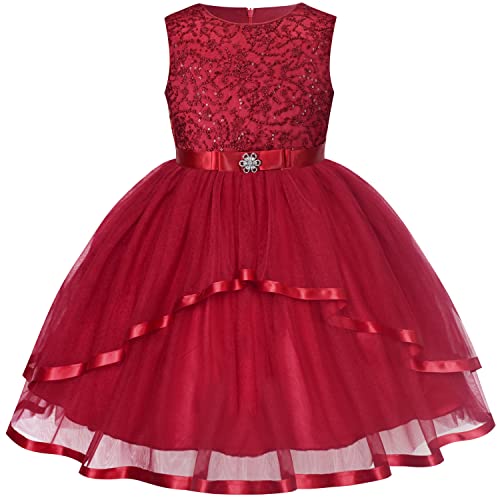 Sunny Fashion Mädchen Kleid Blume Dunkel rot Pailletten Brautjungfer Hochzeit Party Gr. 134