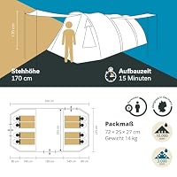 Skandika Tunnelzelt Kambo für 8 Personen | Camping Zelt mit 2 Schlafkabinen für 4 Mann, Wasserdicht mit 3000 mm Wassersäule, 3 Eingänge, Sonnendach, Vorzelt | Familienzelt, Campingzelt, Outdoor – Ansicht 6