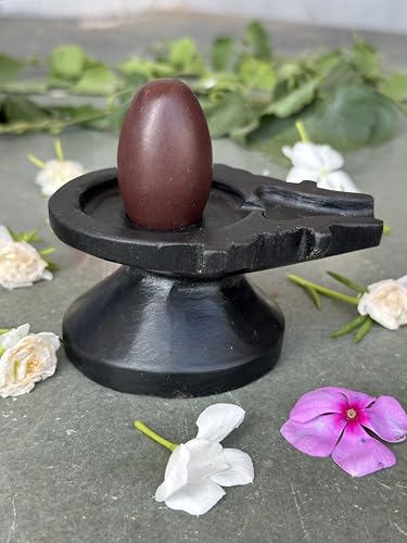 Image of Shivam VASTU AKAL 1.5 inch Original Narmadeshwar Narmada Shivling with 3 inch Narmada Stone Yoni Base Jaladhari (Swayambhu Shivling, Black Designer Damru Jaladhari)