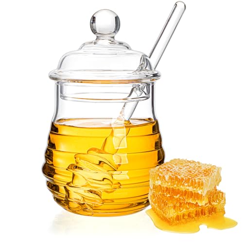 Lawei Glass Honey Jar with Dipper and Lid, 10 OZ Heat-Resist...
