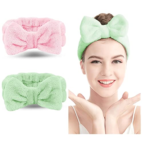 LADES Spa Headband – 2 Pack Bow Hair Band Women Facial Makeup Head Band Soft Coral Fleece Head Wraps For Shower Washing Face
