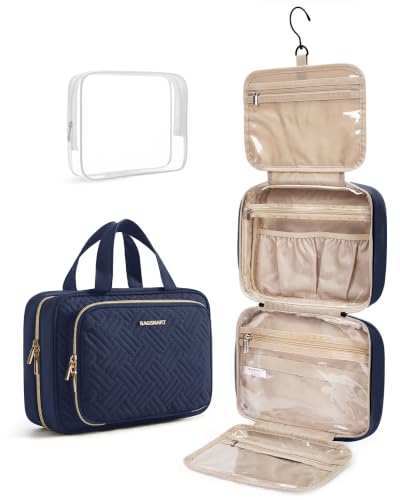 Image of BAGSMART Toiletry Bag Hanging Travel Makeup Organizer with TSA Approved Transparent Cosmetic Bag Makeup Bag for Full Sized Toiletries, Large-Navy