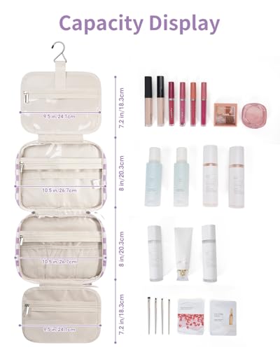 Image of Narwey Large Hanging Toiletry Bag Travel Makeup Bag Cosmetic Organizer for Women and Girls, Z-Purple Checkerboard, Medium