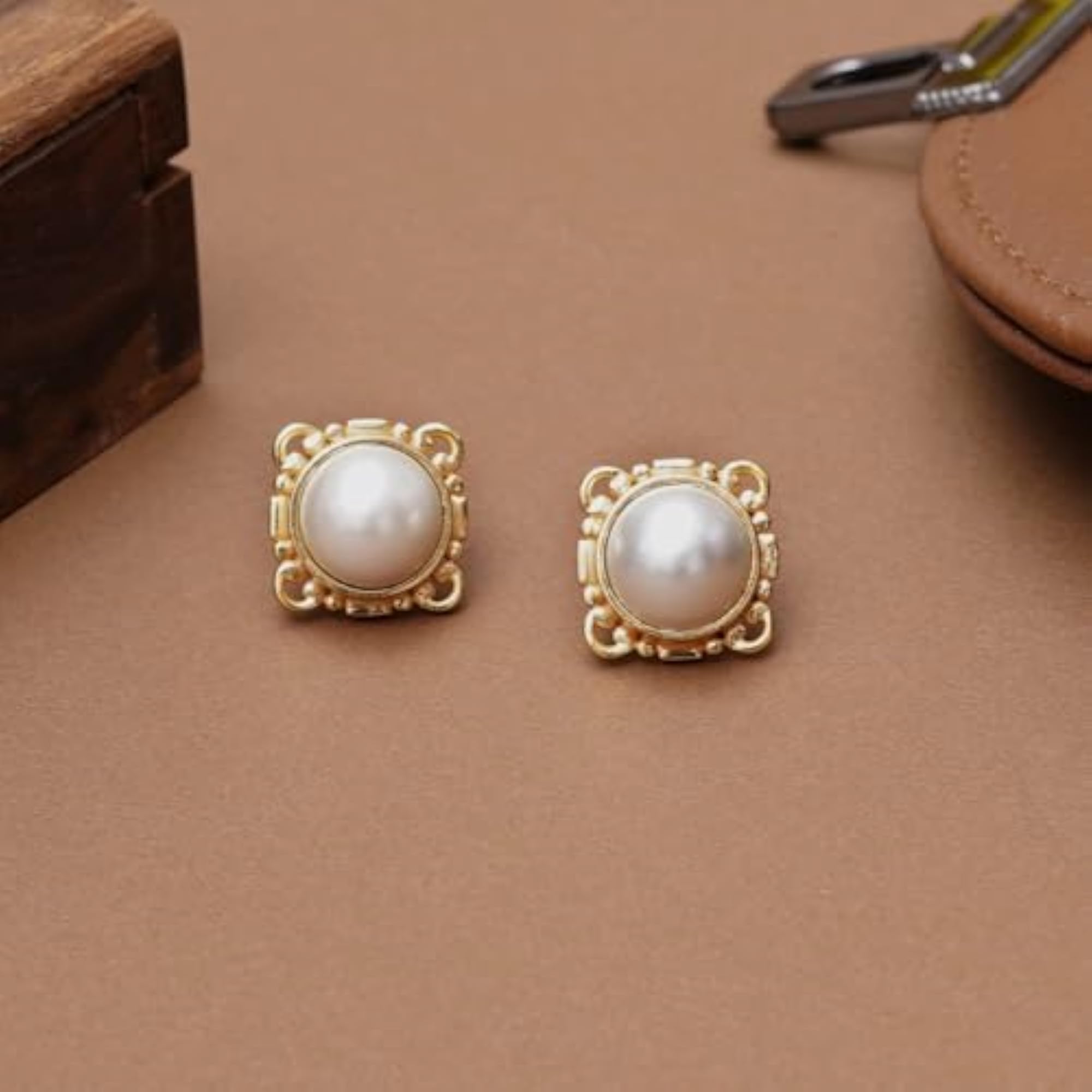 Beabhika Royal Pearl Frame Stud Earrings with Gold Tone Finish