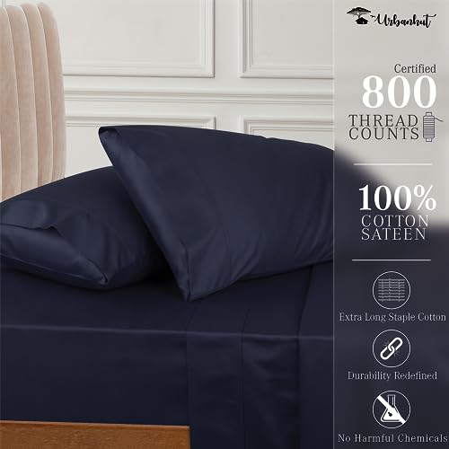URBANHUT 800 Thread Count Queen Size Sheets Egyptian Cotton, Long Staple, Breathable, 4 Pc Bed Sheet Sets for Queen Size Bedding, Luxury Hotel Sateen Sheets Fits 16" Deep Pocket - Navy Blue