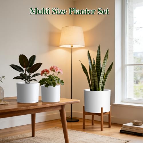 KUGAZ Plant Pots, 10/9/8 Inch 3 Pack Cylindrical Flower Pots with Drainage Holes and Saucers, Plastic Planters for Outdoor Indoor Plants,White by KUGAZ - Image 4
