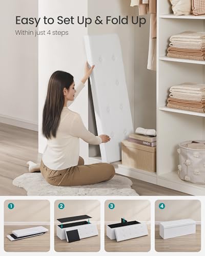 Image of SONGMICS MAZIE Collection - 43 Inches Folding Storage Ottoman Bench, Ottoman with Storage, Foot Rest Stool, Load 660 lb, for Living Room, Synthetic Leather, White ULSF702