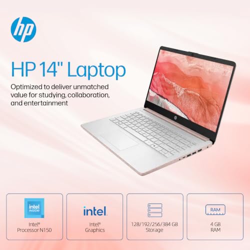 Image of HP 14 inch HD Student Business Laptop, Intel N150, 4GB RAM, 192GB Storage | (128GB UFS + 64GB SD Card), 720p Webcam, Slim Design, Copilot AI, Webcam, WiFi 6, 1 Year Office 365, Win 11, Rose Gold