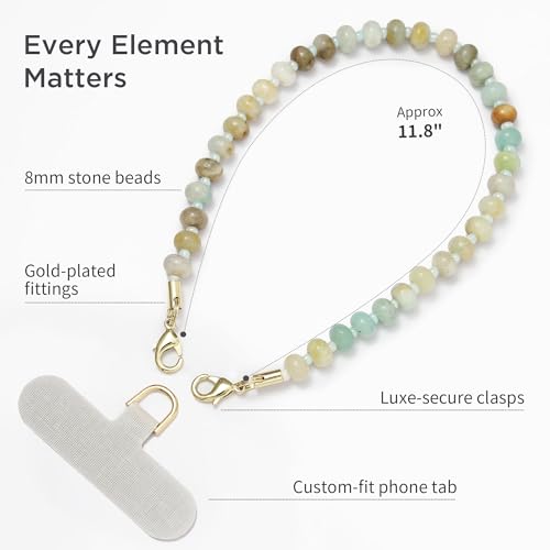 Posadina Handykette aus Naturstein, Handmade kurzer Handyanhänger mit Perlen, Beaded Handyband Phone Charm mit passgenauer Lasche