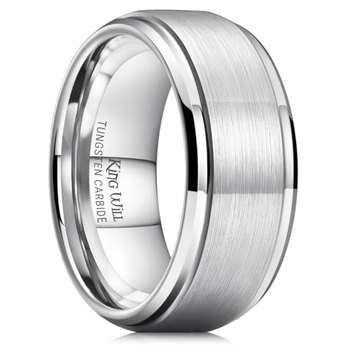 King Will Classic Tungsten Wedding Band for Men, 6/7/8/9/10mm Widths, Polished Finish Step Edge Matte Rings Comfort Fit
