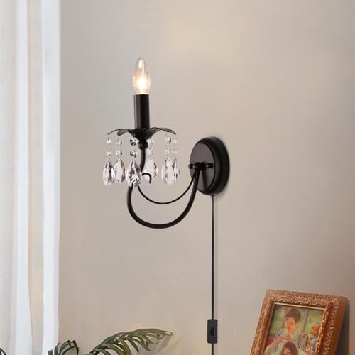 Image of Black Wall Sconces,Vintage Crystal Wall Sconce Wall Light Fixtures,Farmhouse Candle Wall Sconce Indoor Bedside Mid Century for Bathroom Bedroom Living Room Hallway Entryway Stairs