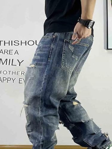 Men’S Hip Hop Slim Fit Ripped Baggy Straight Denim Pants Full Length Button Fly Distressed Streetwear Casual Jeans4
