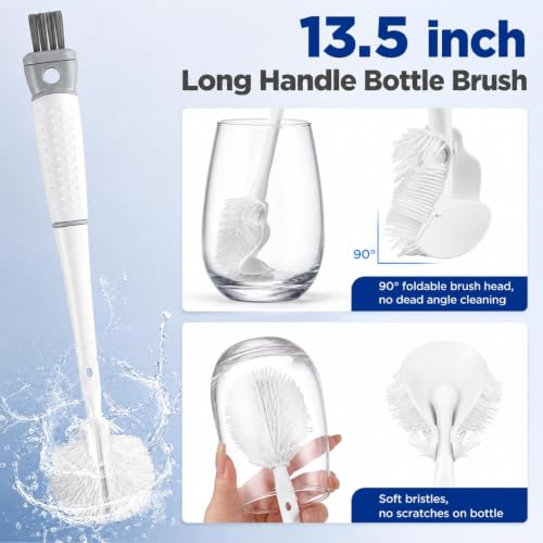 Image of 5 in 1 Bottle Cleaning Brush Set with Long Handle for Water Bottle, Baby Bottle, Flask & Glass Cleaning | Multifunctional Bottle Cap Cleaner Brush Set (Large, 1, Count)