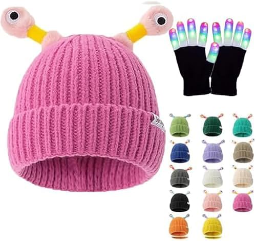 2025 New Knitted Winter Parent-Child Retractable Cute Luminous Little Monster Retractable Knitted Hat with Led Gloves