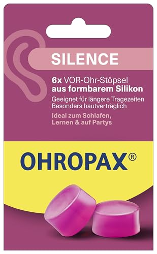 OHROPAX Silence Ohrstöpsel – pinke VOR-Ohr-Stöpsel aus formbarem Silikon – dermatologisch getestet – für alle Ohren geeignet – Schalldämmwert SNR 23 dB – zum Schlafen, Lernen und für Party – 6 Stück