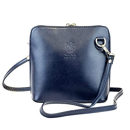 Bolso pequeño Vera Pelle de piel auténtica para mujer, mini bolso de hombro italiano con correa de alta calidad, Navy, 17cm x 17cm x 8cm Bolso pequeño Vera Pelle de piel auténtica para mujer, mini bolso de hombro italiano con correa de alta calidad, Navy, 17cm x 17cm x 8cm
