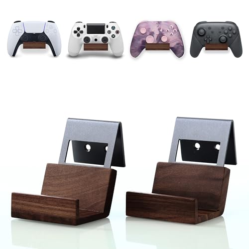 NIRVASH Walnut Controller Wall Mount, Wood Game Controller Holder Stand & Headphone Hanger, Controller & Headset Stand for Xbox, PS5, Remote, Gamer Gifts for Men (2 Pack Grey)