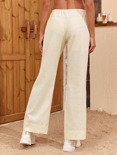 Famulily Womens Linen Pants Summer Wide Leg Casual Loose Drawstring Low Waist Palazzo Pants Lined Trousers with Patch Pockets4