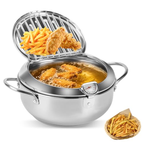 Pentola per friggere con colino, piccola friggitrice a induzione, con termometro, coperchio e scolapiatti, con olio (2,2 l, acciaio inossidabile) per patatine fritte, gamberetti e olio per friggere
