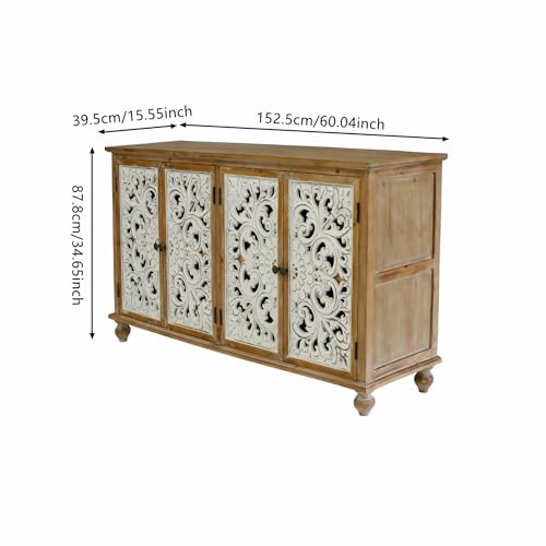 Image of Hand-Carved Wood Buffet Cabinets - Solid Wood Storage Cabinet,Entry Way Cabinet with Storage for Living Room & Kitchen,Dining Room Storage Cabinet with Doors and Shelves