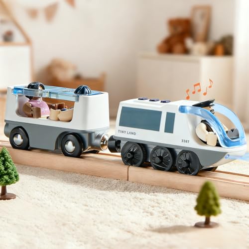 Tiny Land Battery Operated Action Locomotive Train - Powerful Engine Bullet Train Set Compatible with Major Brand Tracks - Battery Powered Track Toys for Toddlers Boys Girls Kids 3 4 5 - White