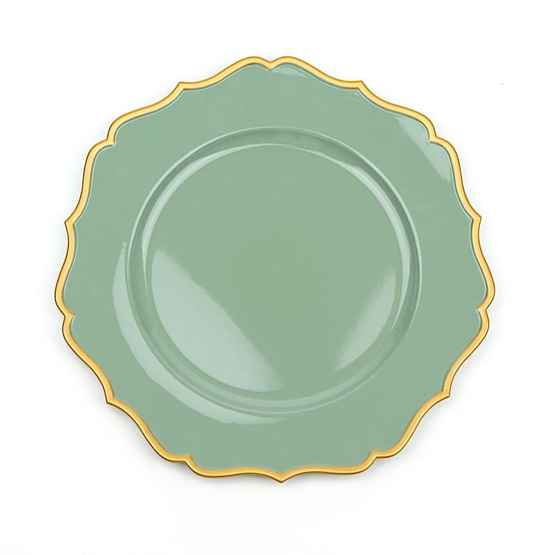 Balsa Circle 6 Metallic 13 in Dusty Sage Round Acrylic Charger Plates | 13-Inch Scalloped Trim Serving Dinnerware Set for Dinner Wedding Party Reception Catering Decorations