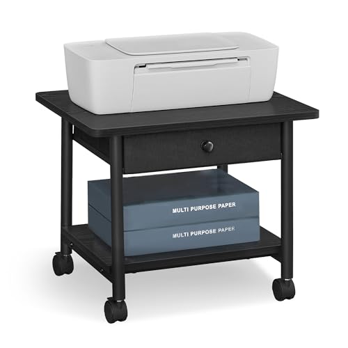 VASAGLE Heavy-Duty Printer Stand with Locking Wheels, 2-Tier with Drawer Industrial Mobile Cart with Storage Shelf, Printer Table for Home, Office, 15