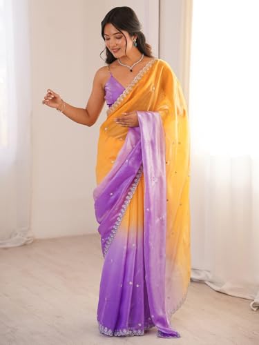Image of AKHILAM Women's Shimmer Satin Sequence Embroidery Saree With Unstitched Blouse Piece(AARYAN21701 KR Parent)