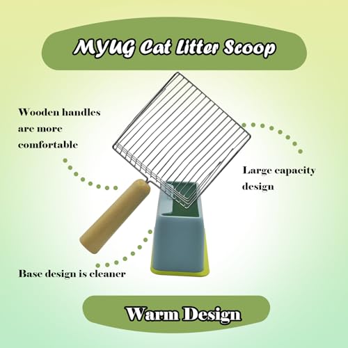 Image of Cat Scooper for Litter Box with Holder,Kitty Litter Scoop Metal Fast Sifting Kitten Poop Shovel Stainless Steel Heavy Duty Cat Pan Scooper with Wood Handle(Blue)