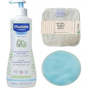 Mustela Baby Skincare Bundle – No Rinse Cleansing Water 500ml | Reusable Bamboo Baby Wipes & Washable Bamboo Cloth Pads | Gentle Newborn Care with Organic Avocado – Ideal for Sensitive Skin