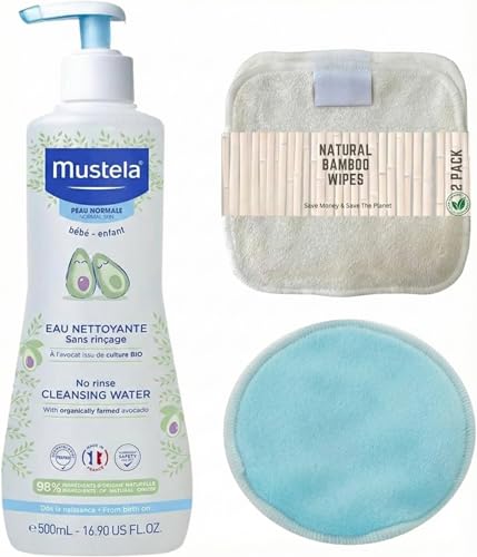 Mustela Baby Skincare Bundle – No Rinse Cleansing Water 500ml | Reusable Bamboo Baby Wipes & Washable Bamboo Cloth Pads | Gentle Newborn Care with Organic Avocado – Ideal for Sensitive Skin