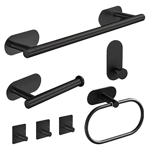 Laimew Juego de Accesorios de Baño, Toalleros de Baño sin Taladro 7 Piezas, Toalleros de aro para Baño de Acero Inoxidable Negro,