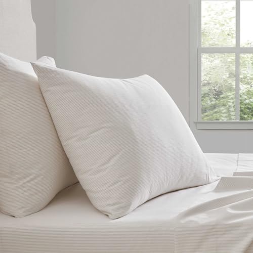 Image of Martha Stewart - Queen Size Sheets Set, Crisp & Tailored Cooling Sheets w /a Naturally Smooth Cotton Percale Lightweight Feel - Bed Sheets with Matching Pillowcases & Fitted Sheet (Stripe White)