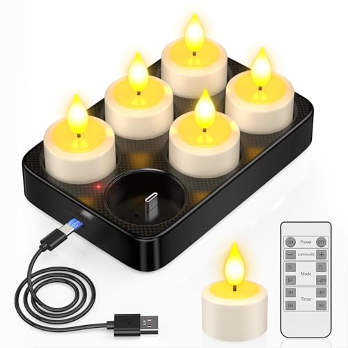 Image of PChero Rechargeable Flameless Tealight Candles with Remote & Timer, 6 Pack | Charging Base, 3D Flickering Wick, 5-Level Brightness, 42-110 Hour Runtime, for Home, Weddings, Halloween and Christmas Decor