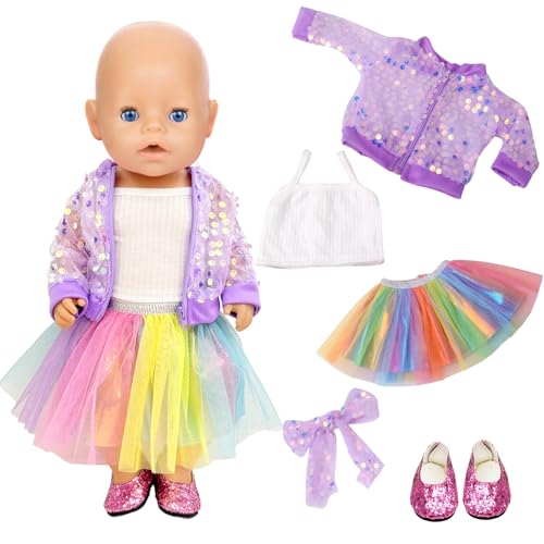 Lot de 6 vêtements de poupée violets à paillettes pour poupées de 35 à 45 cm - Accessoires avec gilet manteau tutu - Accessoires pour cheveux avec nœud -...