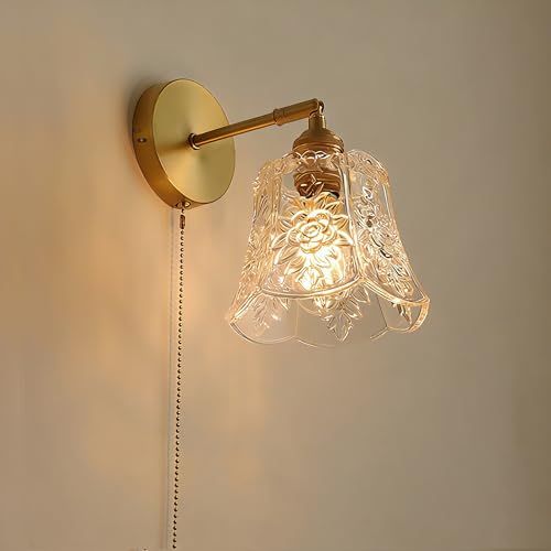 Chrasy E27 Vintage Applique Murale avec Tirette, Bras en Laiton et Abat-jour en Verre Classique, Lampe Murale Rétro Dimmable pour Chambre, Salon, Couloir,...