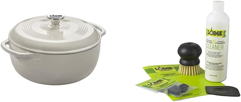 Lodge EC6D13 Enameled Cast Iron Dutch Oven, 6-Quart, Oyster White and Enameled Cast Iron & Ceramic Stoneware Care Kit